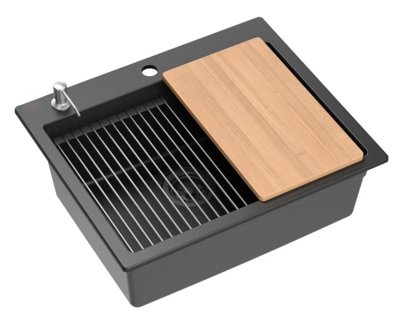 Quadri Durham sort granit overflade køkkenvask 595x500 med sæbedispenser, skærebræt, indsatsvask og rullemåtte 1208957904