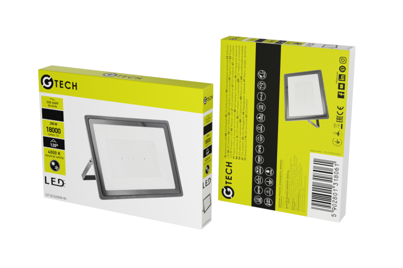 G-TECH LED oversvømmelseslys, 18000lm, AC220-240V, 50/60 Hz, PF>0,9, RA>80, IP65, 120°, 4000K, sort 1208959187