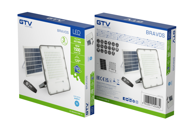 Solar LED oversvømmelseslys BRAVOS, 150W, 1500lm, 6400K, IP65, 120°, solpanel, fjernbetjening, 3y 1208962682