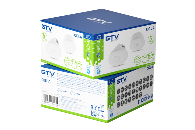 Nødlysarmatur OGLA LED,3W,200lm,AC220-240V,50-60Hz,IP20,6400K,3H,enkelt opgave,TEST knap 1208963016