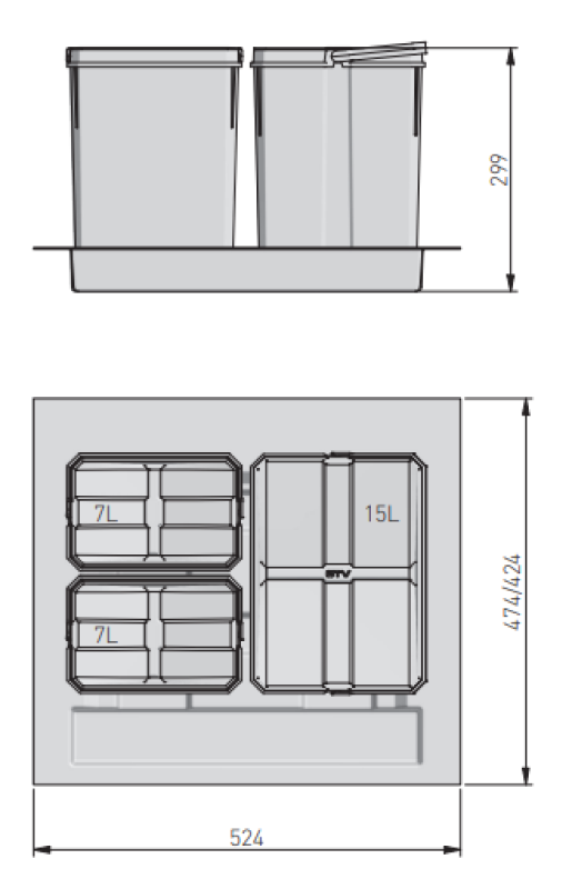 Garbi Basket B-60-3 affaldssorteringssystem til skuffe 60 cm inkl. holder og 3 affaldsbeholdere 1208964399