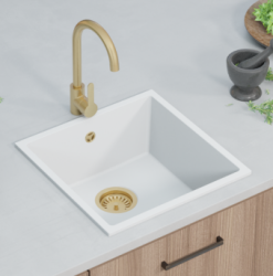 GraniteMy Universal granit hvid vask 40x40 cm hvid til topmontering, undermontering og planmontering med rustfri stålprop 1208966879