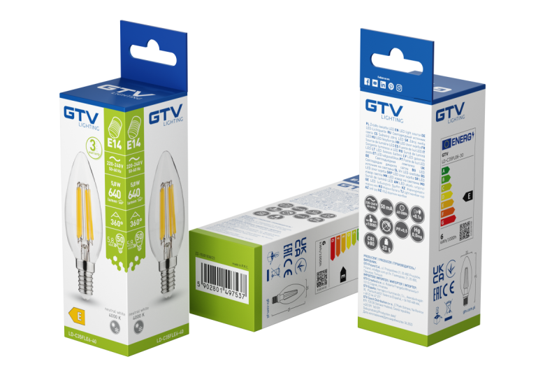 LED LYSKILDE, FILAMENT, A-G, C35, 4000K, E14, 5,8W, AC220-240V, 360°, 640lm, 50mA 1208966965