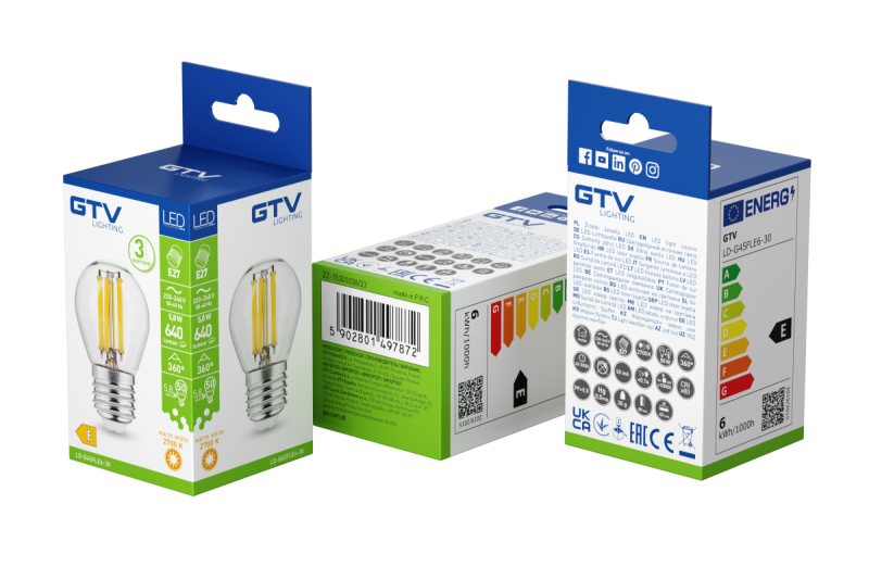 LED LYSKILDE, FILAMENT, A-G, G45, 2700K, E27, 5,8W, AC220-240V, 360°, 640lm, 50mA 1208966966