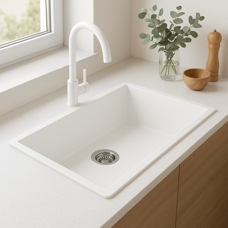 GraniteMy Universal granit stor hvid vask 74x40 cm hvid til påbygning, underbygning og planmontering med rustfri stålprop 1208967111