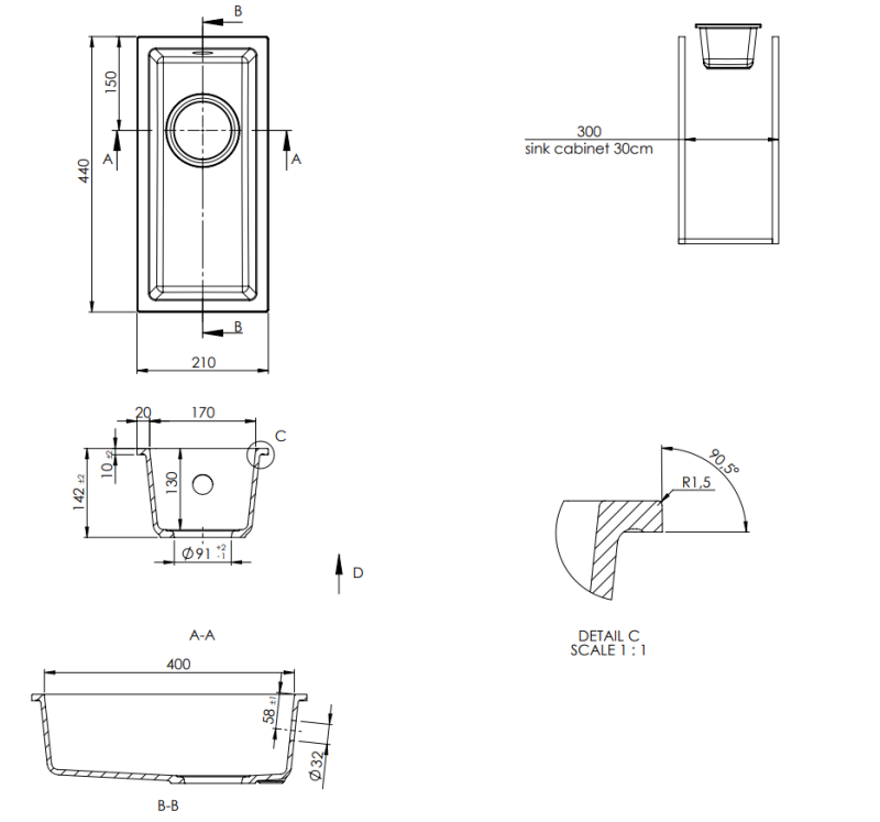 GraniteMy Universal granit lille sort håndvask 17x40 cm sort overmontering undermontering og planmontering med kobberprop 1208967141