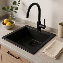 GraniteMy Universal granit sort vask 34x40 cm sort indbygning, undermontering og planmontering med sort prop 1208967143