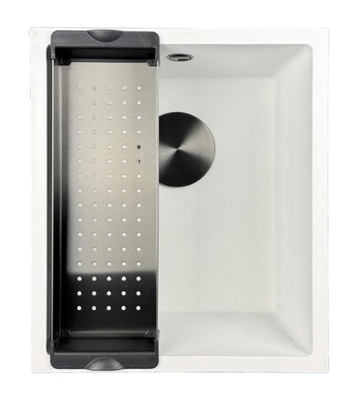 GraniteMy Universal granit hvid vask 34x40 cm hvid til indbygning, underbygning og planmontering med sort prop 1208967147