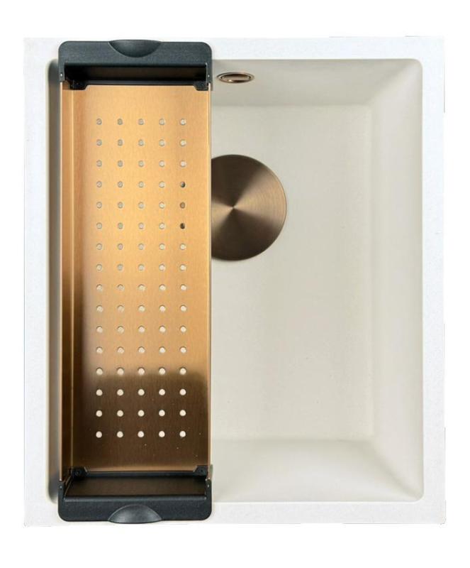 GraniteMy Universal granit hvid vask 34x40 cm hvid til topmontering, undermontering og planmontering med kobber prop 1208967148