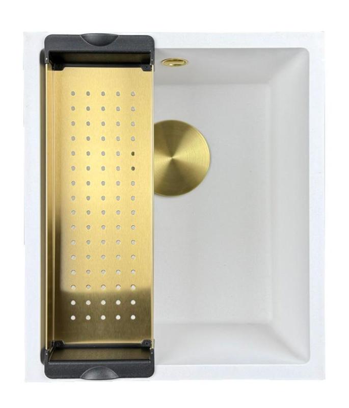 GraniteMy Universal granithvide vask 34x40 cm hvid overmonteret undermonteret og planmonteret med gylden prop 1208967149