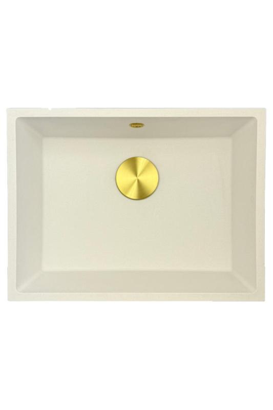 GraniteMy Universal granit hvid vask 55x40 cm hvid topmontering undermontering og planmontering med gylden prop 1208967155