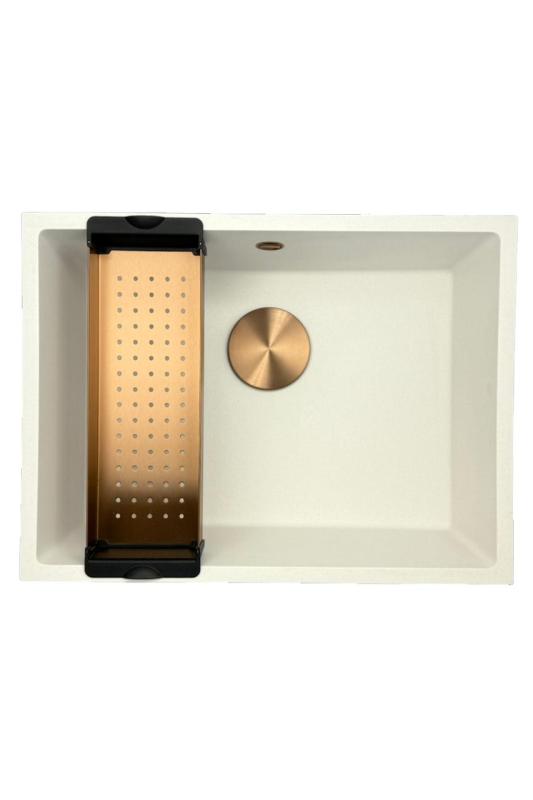 GraniteMy Universal granithvide vask 55x40 cm hvid til nedfældning, underbygning og planlimning med kobberprop 1208967156