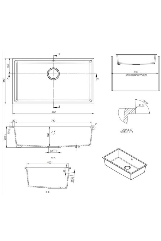GraniteMy Universal granit stor hvid vask 74x40 cm hvid til installation på, under og i niveau med bordpladen med hvid prop 1208967160