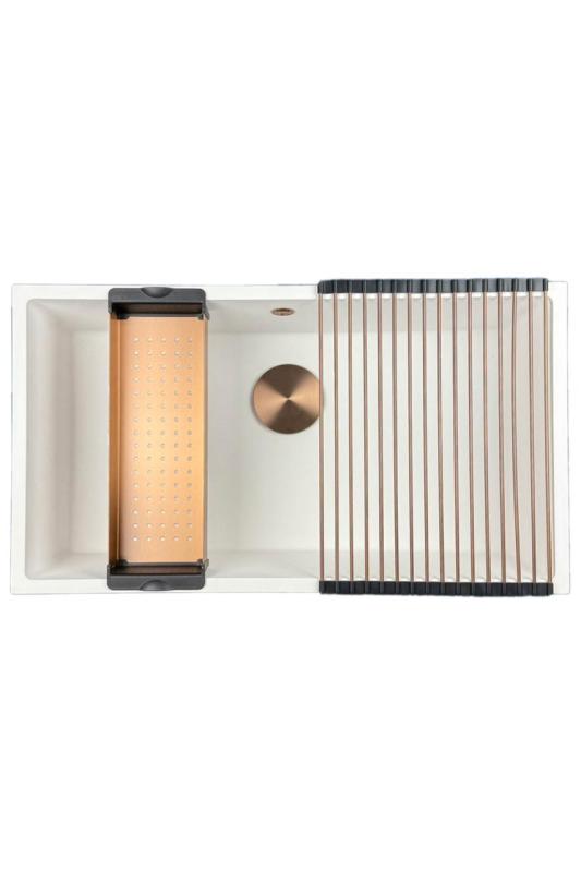 GraniteMy Universal granit stor hvid vask 74x40 cm hvid til topmontering, undermontering og fladmontering med kobber prop 1208967162