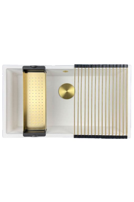 GraniteMy Universal granit stor hvid vask 74x40 cm hvid til overmontering, undermontering og planmontering med guldprop 1208967163