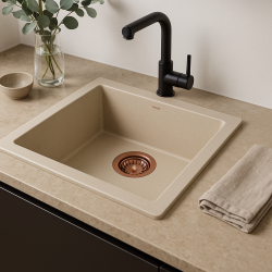 GraniteMy Universal granit beige sand vask 40x40 cm til overmontering, undermontering og planmontering med kobber prop 1208967210
