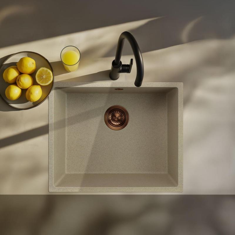 GraniteMy Universal granit beige sand vask 50x40 cm til montering ovenpå, under og planlimning med kobber prop 1208967221