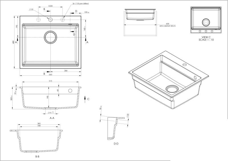GraniteMy Steam granitvask 56x48 cm sort til indbygning med rustfri stål prop inklusive tilbehør 1208967231