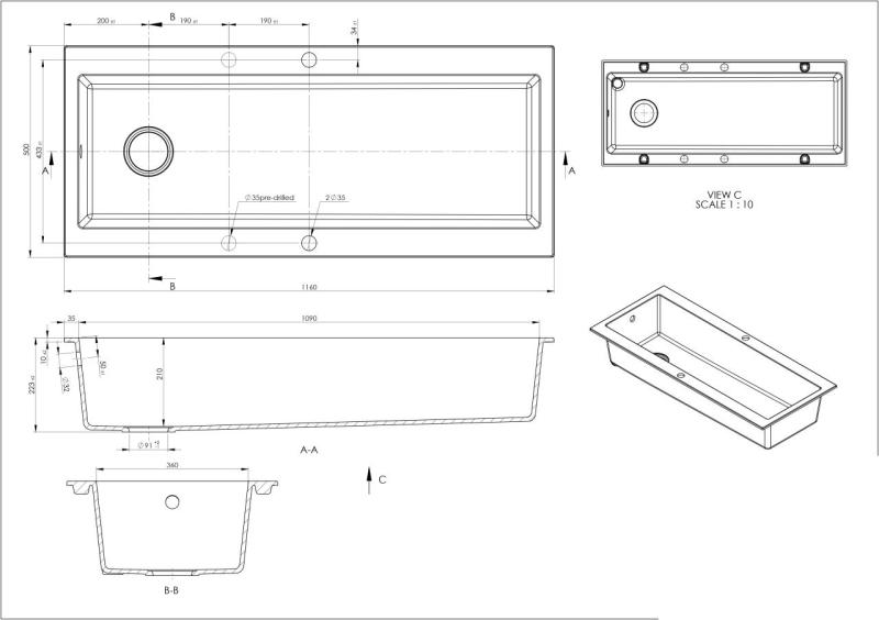 GraniteMy Trog granit meget stor sort vask 116x50 cm sort, overflade montering med hanehul med kobberprop 1208967238
