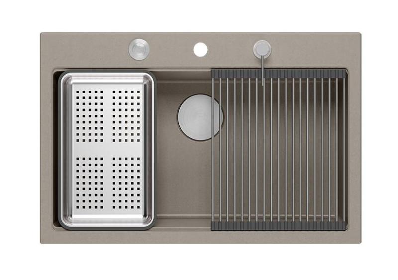 Quadri Hard Rock taupe granitisk overmonteret stor vask 76x50cm inklusive rustfri stålprop og tilbehør 1208967270
