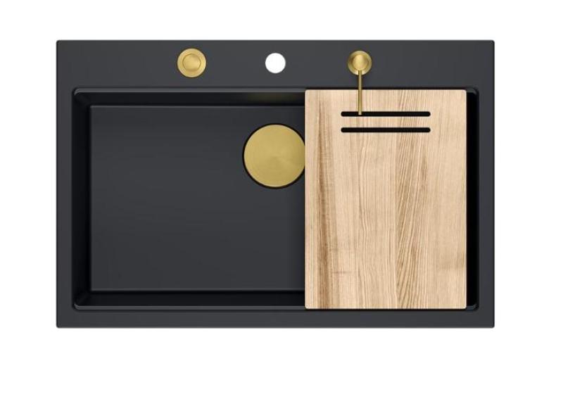 Quadri Hard Rock mat sort granit overflademontering stor vask 76x50cm inklusive gylden prop og tilbehør 1208967277