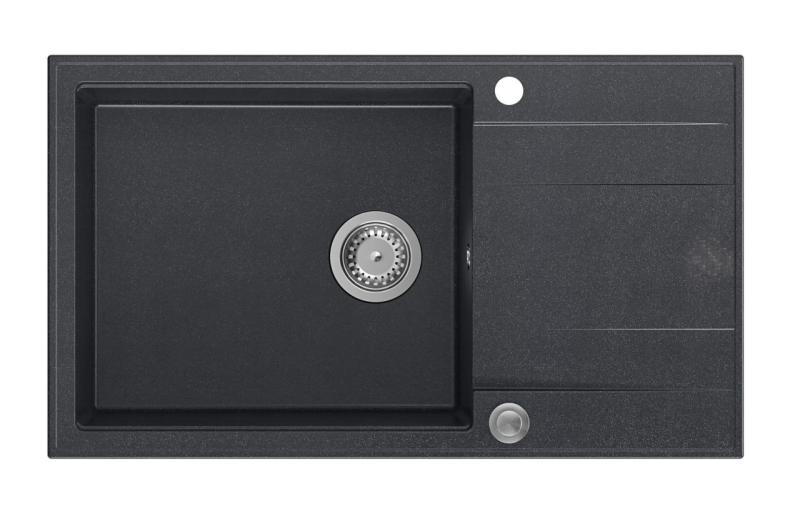 Quadri Luton antracit granit stor påbygningsvask med afdrypningsområde vendbar 86x50cm med rustfri stålprop 1208967333