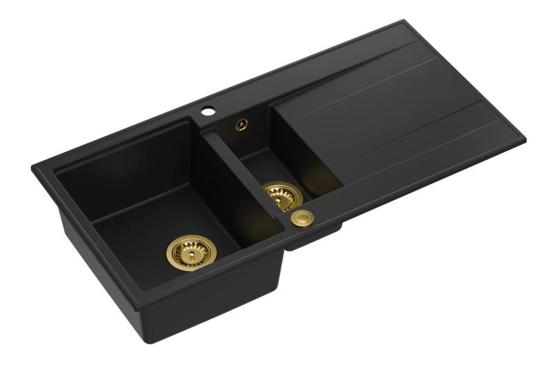 Quadri Luton sort granit vask med afløbsplads, vendbar 100x50cm med guld prop 1208967346
