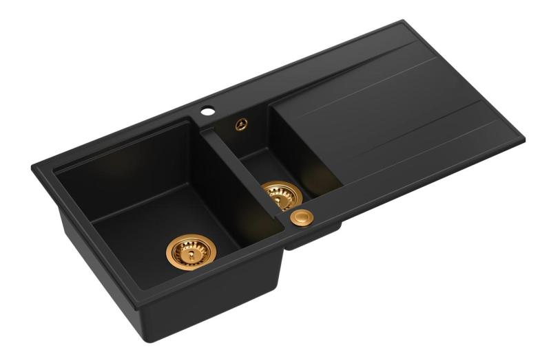 Quadri Luton sort granit vask 1,5 kumme med afdrypningsflade, vendbar 100x50 cm med kobberprop 1208967347