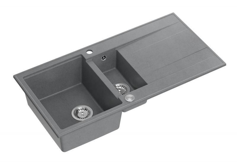 Quadri Luton grå granit overmonteret 1,5 vask med afdrypningsområde vendbar 100x50cm med rustfrit stål prop 1208967350