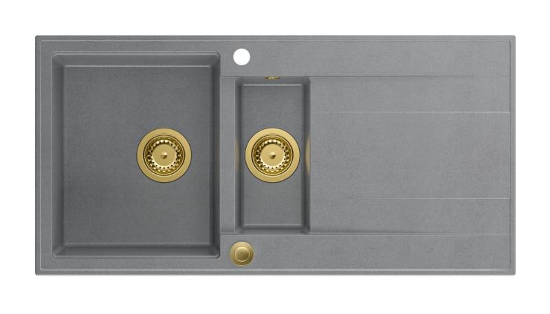 Quadri Luton grå granit nedfældet 1,5 vask med afdrypningsbak, vendbar 100x50 cm med guld prop 1208967351