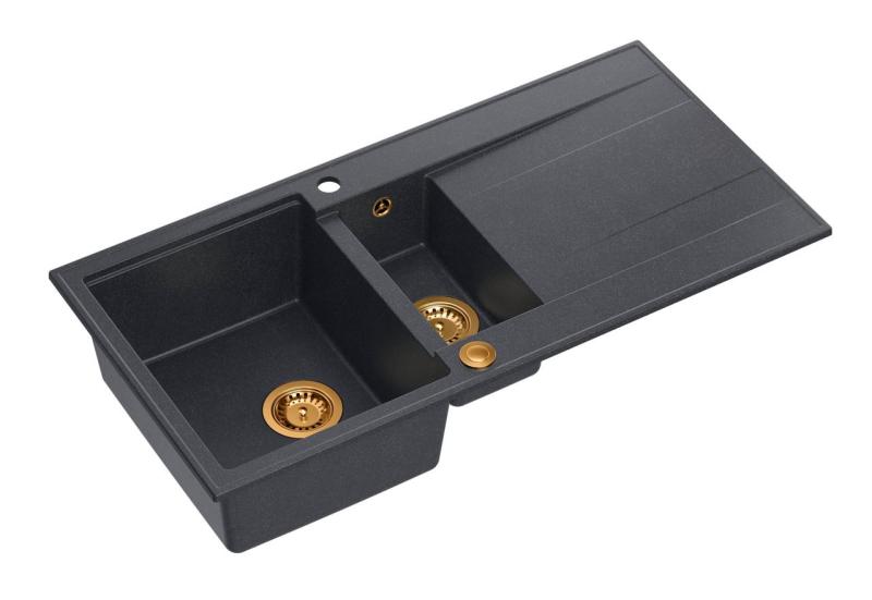Quadri Luton antracit granit køkkenvask med afløbsplads, vendbar 100x50cm med kobberprop 1208967355
