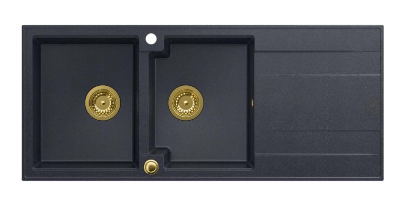 Quadri Luton indbygnings dobbelt granit vask antracit med afdrypningsområde 116x50 cm med gylden prop 1208967364