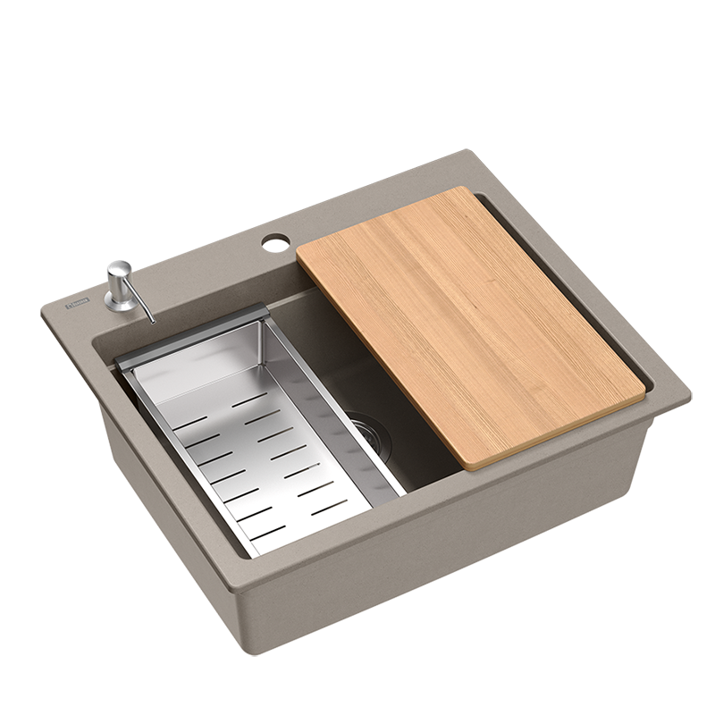 Quadri Durham taupe granit overflade håndvask 595x500 med sæbedispenser, skærebræt, indsatsvask og rullemåtte 1208967376