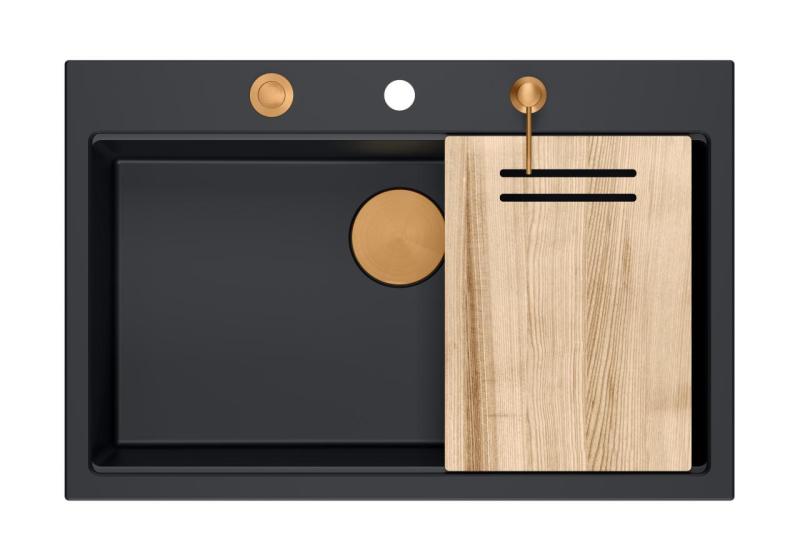 Quadri Hard Rock mat sort granit køkkenvask 76x50cm inklusive kobberprop og tilbehør 1208967423