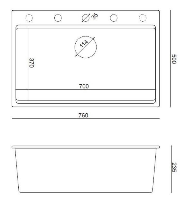 Quadri Hard Rock hvid granit vask med stor skål 76x50 cm inklusive gylden prop og tilbehør 1208967424