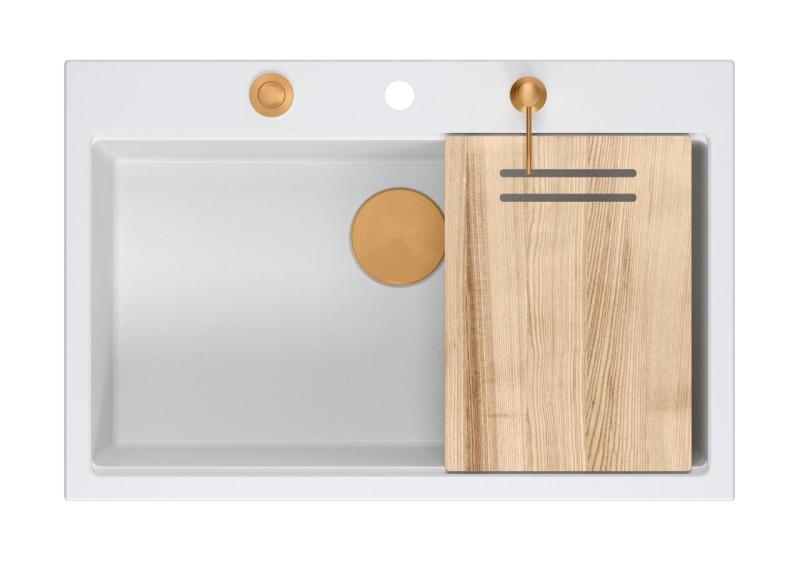 Quadri Hard Rock hvid granit køkkenvask 76x50cm inklusiv kobber prop og tilbehør 1208967428