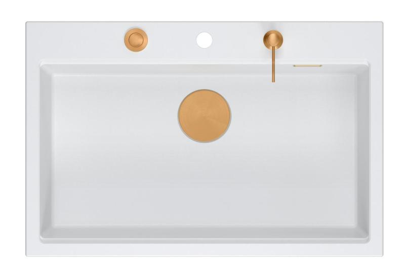 Quadri Hard Rock hvid granit køkkenvask 76x50cm inklusiv kobber prop og tilbehør 1208967428