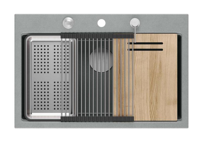 Quadri Hard Rock grå granit vask med stor overflademontering 76x50cm inklusive rustfri stål prop og tilbehør 1208967430