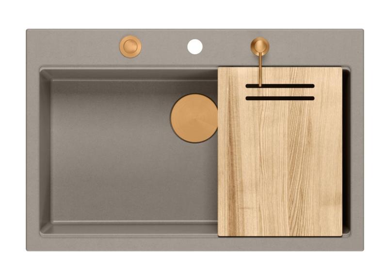 Quadri Hard Rock taupe granit vask til montering ovenpå 76x50cm inklusive kobberprop og tilbehør 1208967439