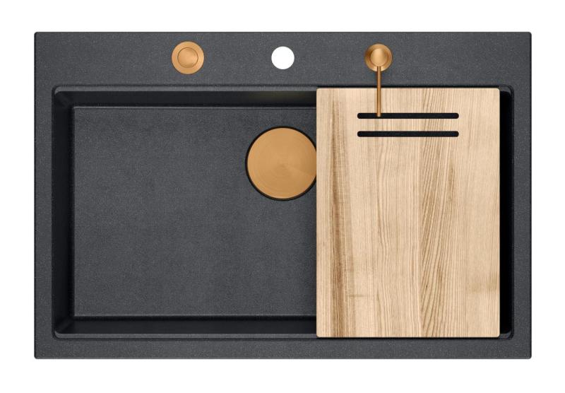 Quadri Hard Rock antracit granit overflademonteret stor vask 76x50 cm inklusive kobber prop og tilbehør 1208967445