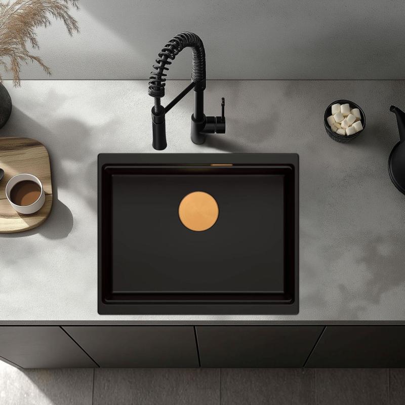 Quadri Newport II granit underlimmet sort vask 560x450mm med kobber prop og afløbshætte 1208967450