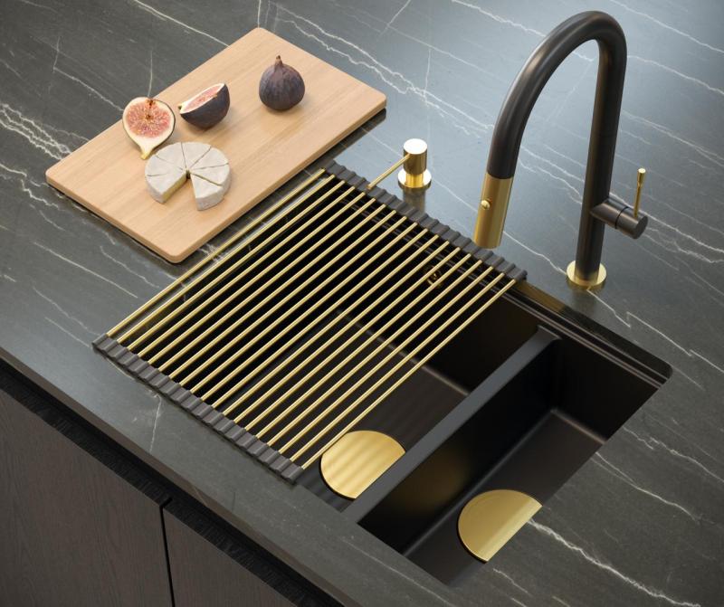 Quadri Newport II sort 1,5 vask granit over- og underbygning vask 555x460mm med gylden prop 1208967464