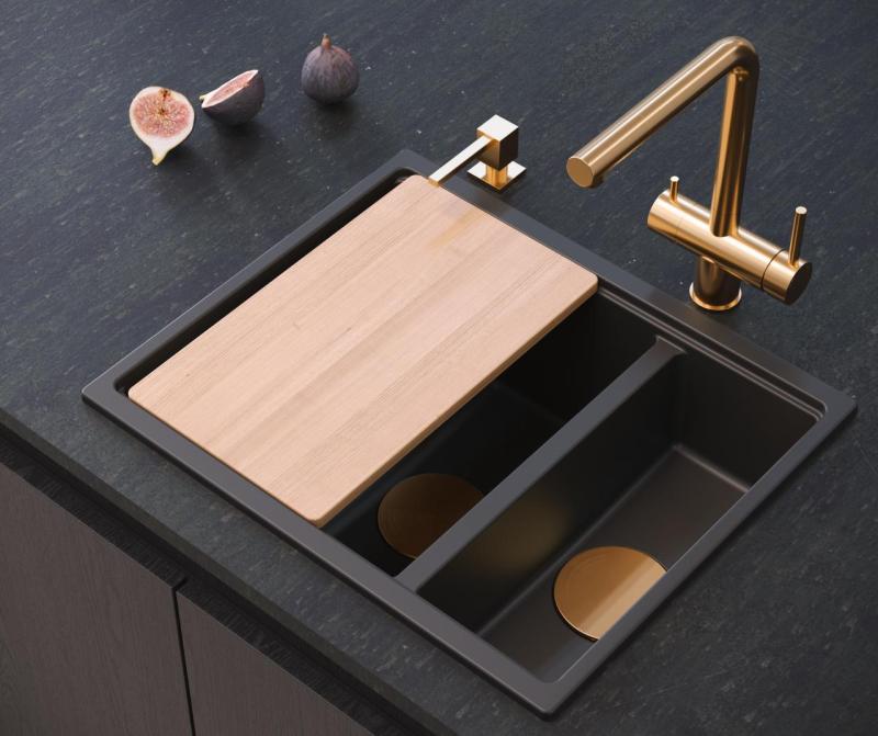 Quadri Newport II sort 1,5 vask granit overmonteret og undermonteret vask 555x460mm med kobberprop 1208967465