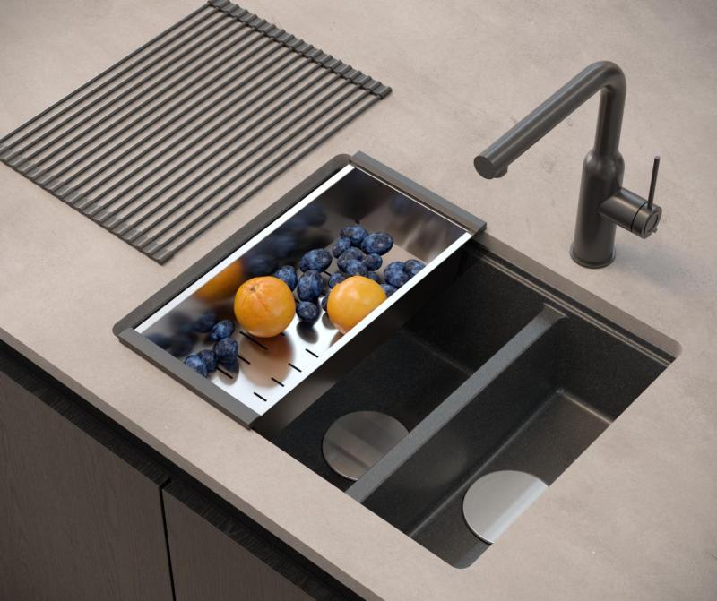 Quadri Newport II antracit 1,5 vask granit over- og undermonteret vask 555x460mm med rustfri stålprop 1208967472