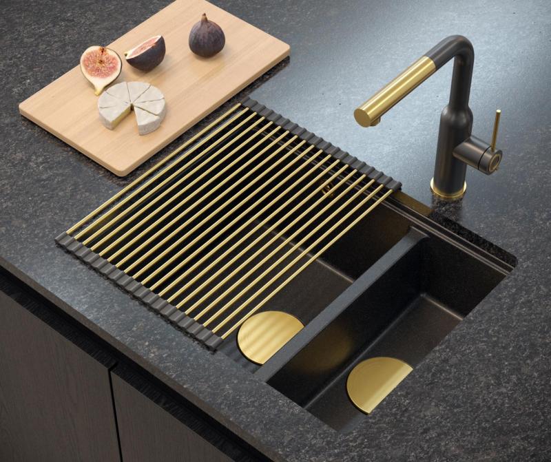 Quadri Newport II antracit 1,5 vask granit til overmontering og undermontering 555x460mm med gylden prop 1208967473