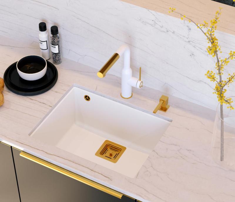 Quadri Quadrangle hvid granit undermonteret vask 55x42cm med kobberprop 1208967478