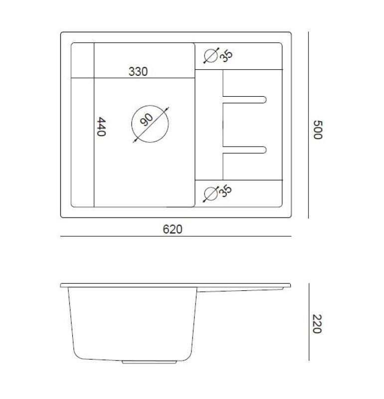 Quadri Dalton grå granit overflademonteret vask med afdrypningsområde 62x50cm med rustfri stål prop 1208967492