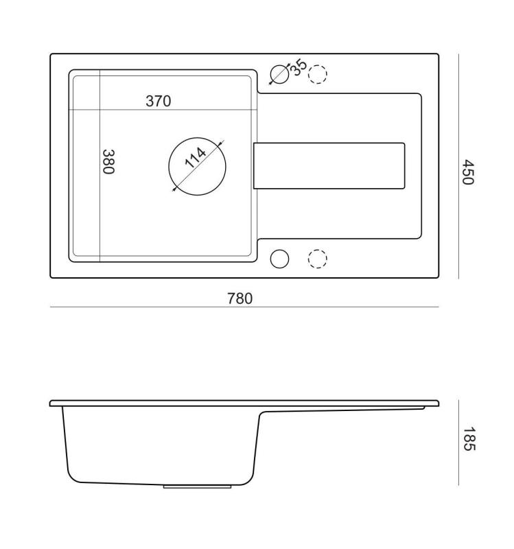 Quadri Sutton antracit granit påbygningsvask 78x45cm med afdrypningsområde, vendbar med sort prop 1208967495