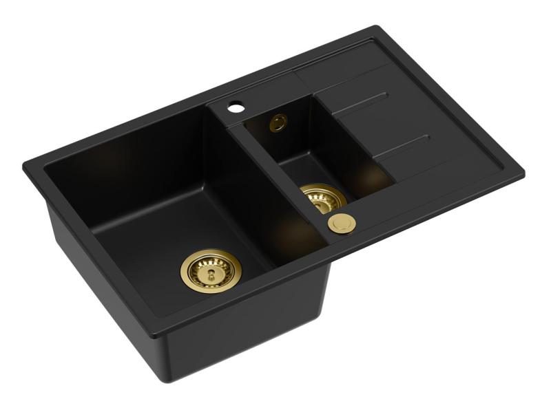 Quadri Brenton sort granitisk vask med 1,5 kum og afdrypningsområde 78x50cm med gylden prop 1208967554