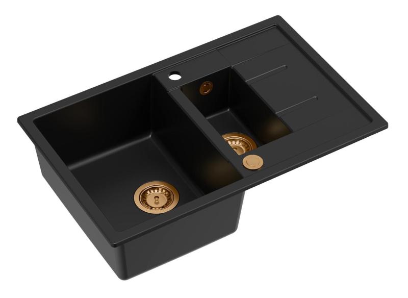Quadri Brenton sort granitisk overmonteret 1,5 vask med afdrypningsområde 78x50cm med kobberprop 1208967555